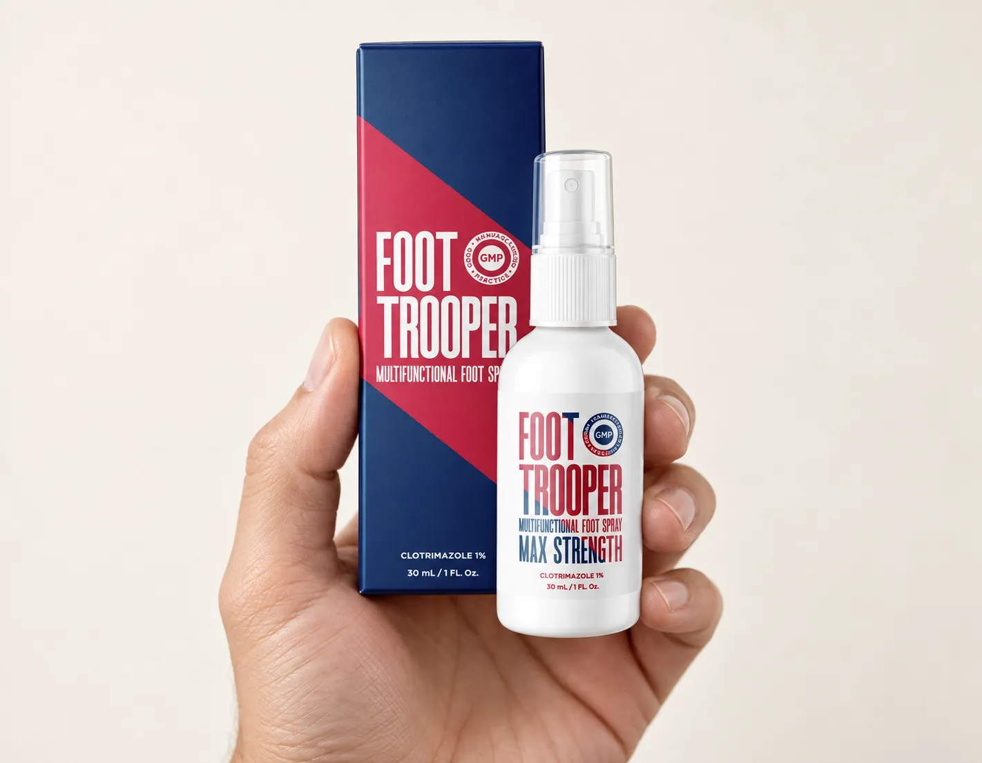 Foot Trooper-fungus remedy — the package held in a hand