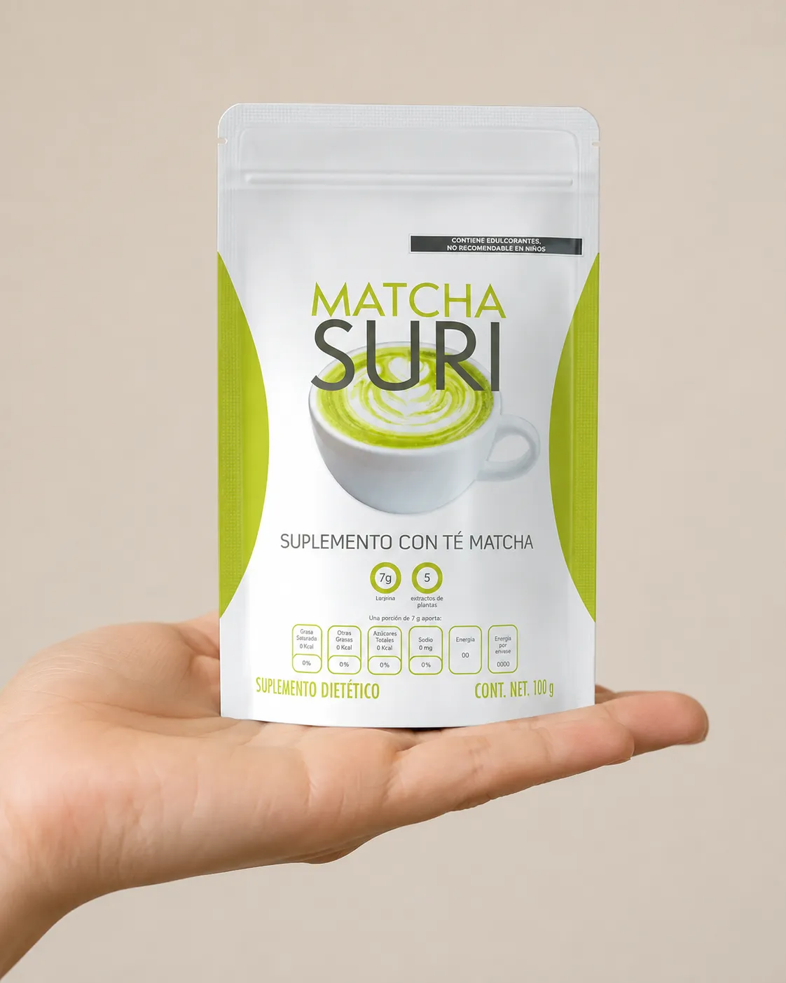 Matcha Suri — the package held in a hand