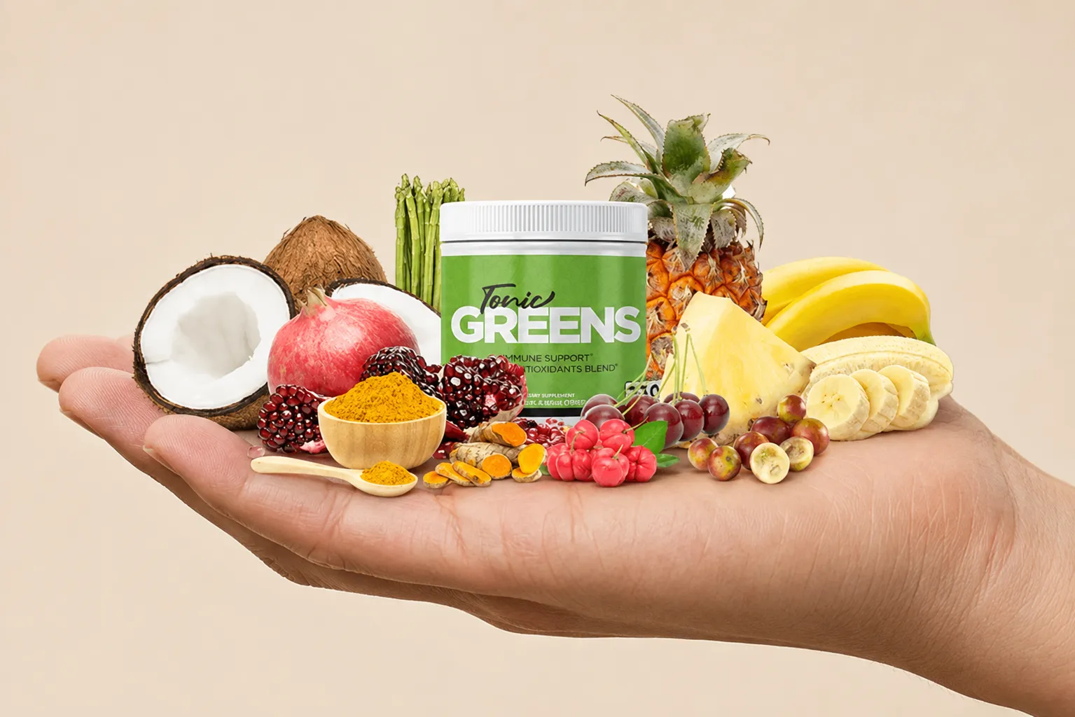 TonicGreens — the package held in a hand