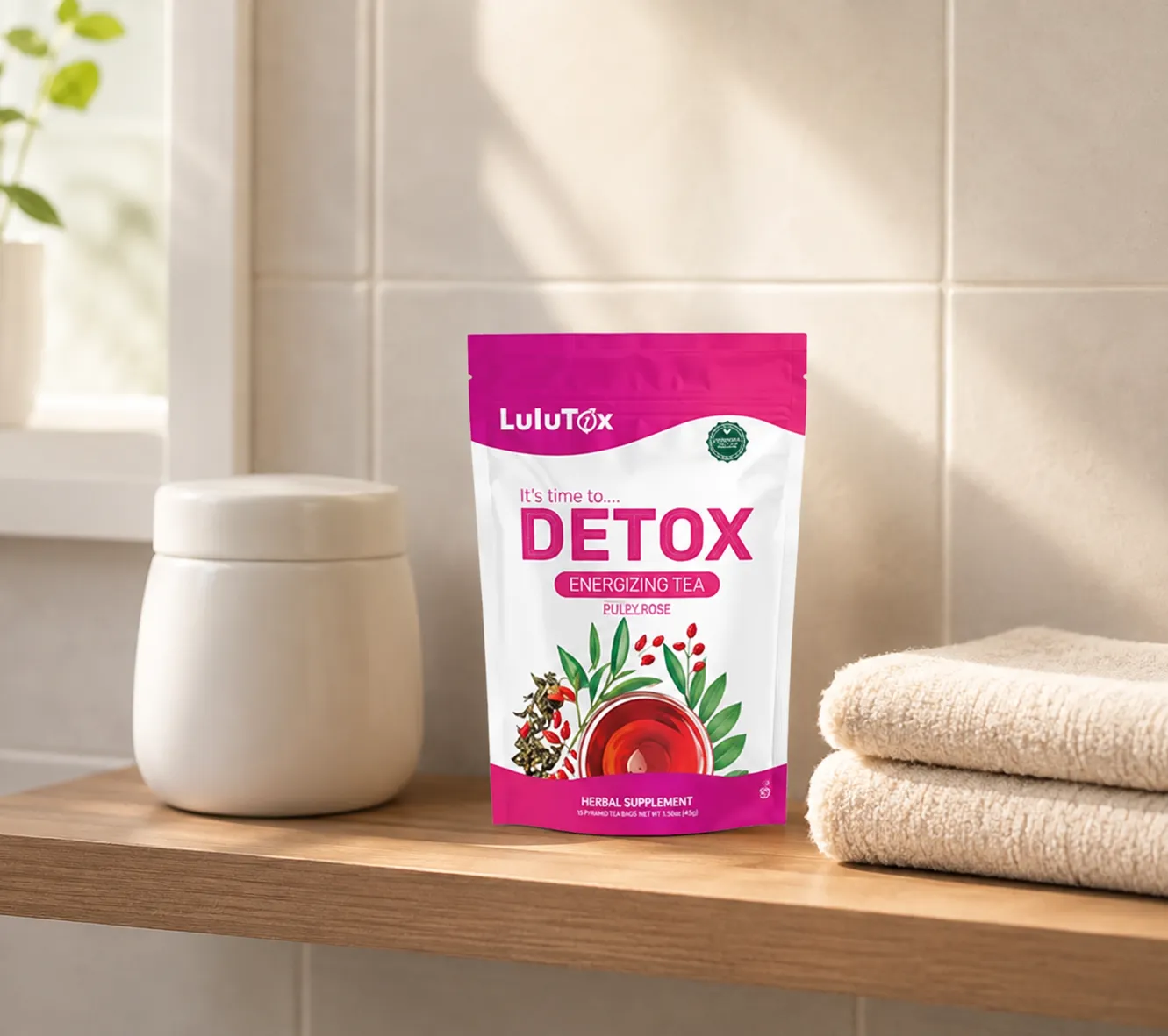 Lulutox Detox Tea — the package in everyday use